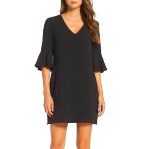 Charles Henry Black Shift V-Neck Ruffle Bell Sleeve Cocktail Dress Small NEW